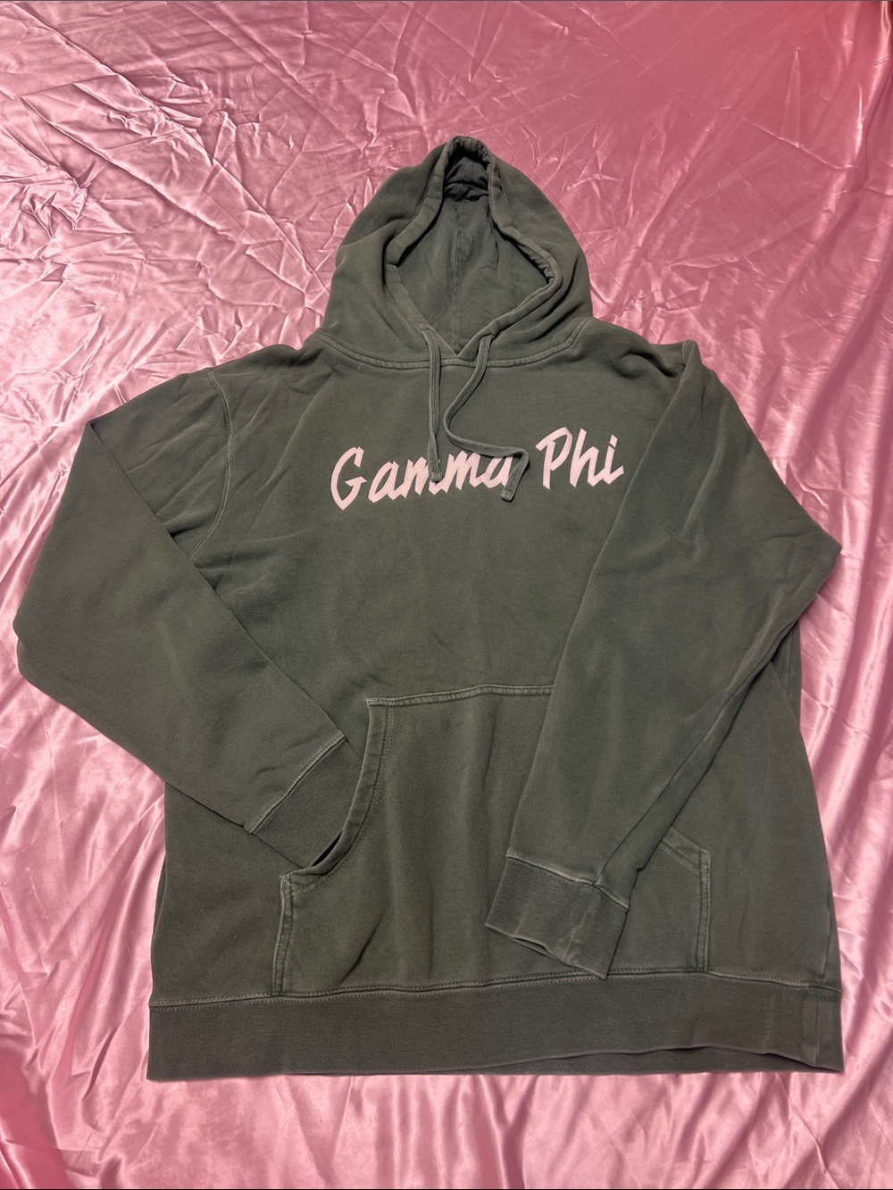 Gamma Phi Olive Green Crewneck Hoodie with White Script